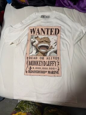 Onepiece White Tee with Peach 'Wanted' Monkey D. Luffy Graphic